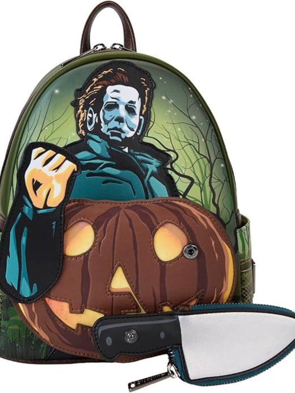NWT Loungefly Michael Myers Pumpkin Glow Backpack + Knife Coin Bag